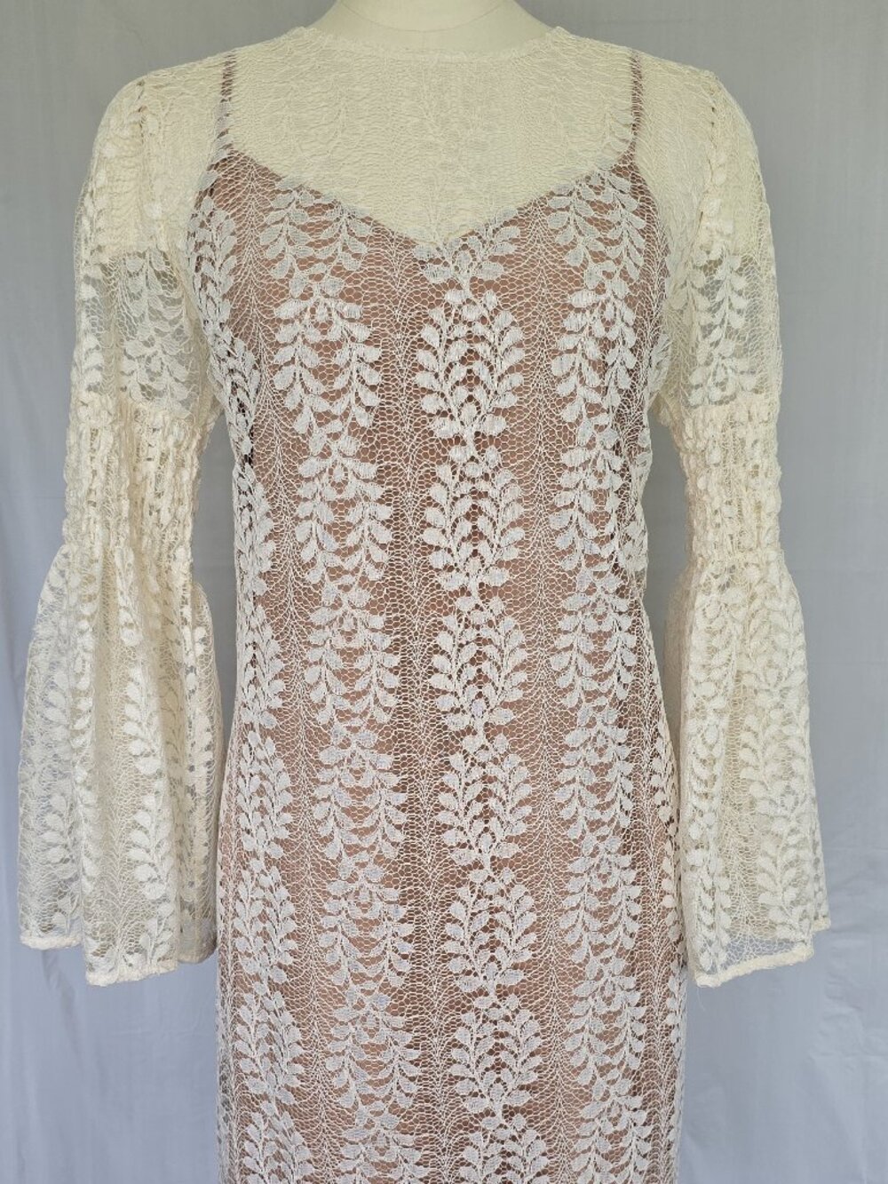 Michael Kors NWT Bell-Sleeve Leaf Lace 2-in-1 Dress Bone Cream Ivory XL